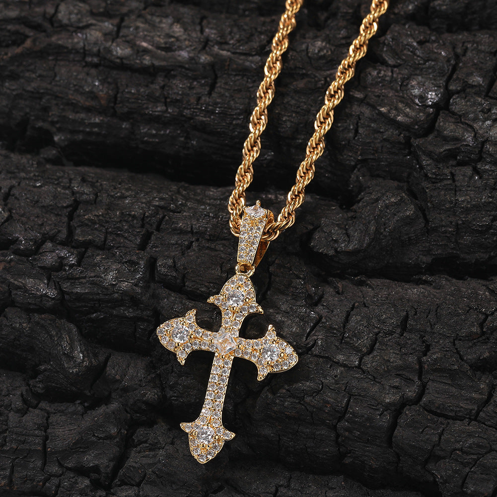 Hip-Hop Diamond-Encrusted Zircon Cross Necklace