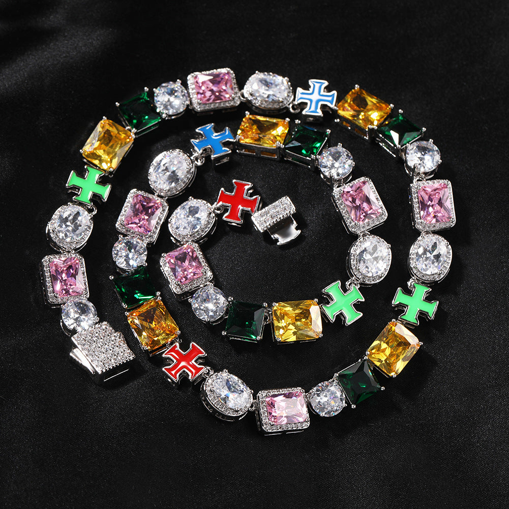 Hip-hop necklace with colorful zircon inlays and a square cross