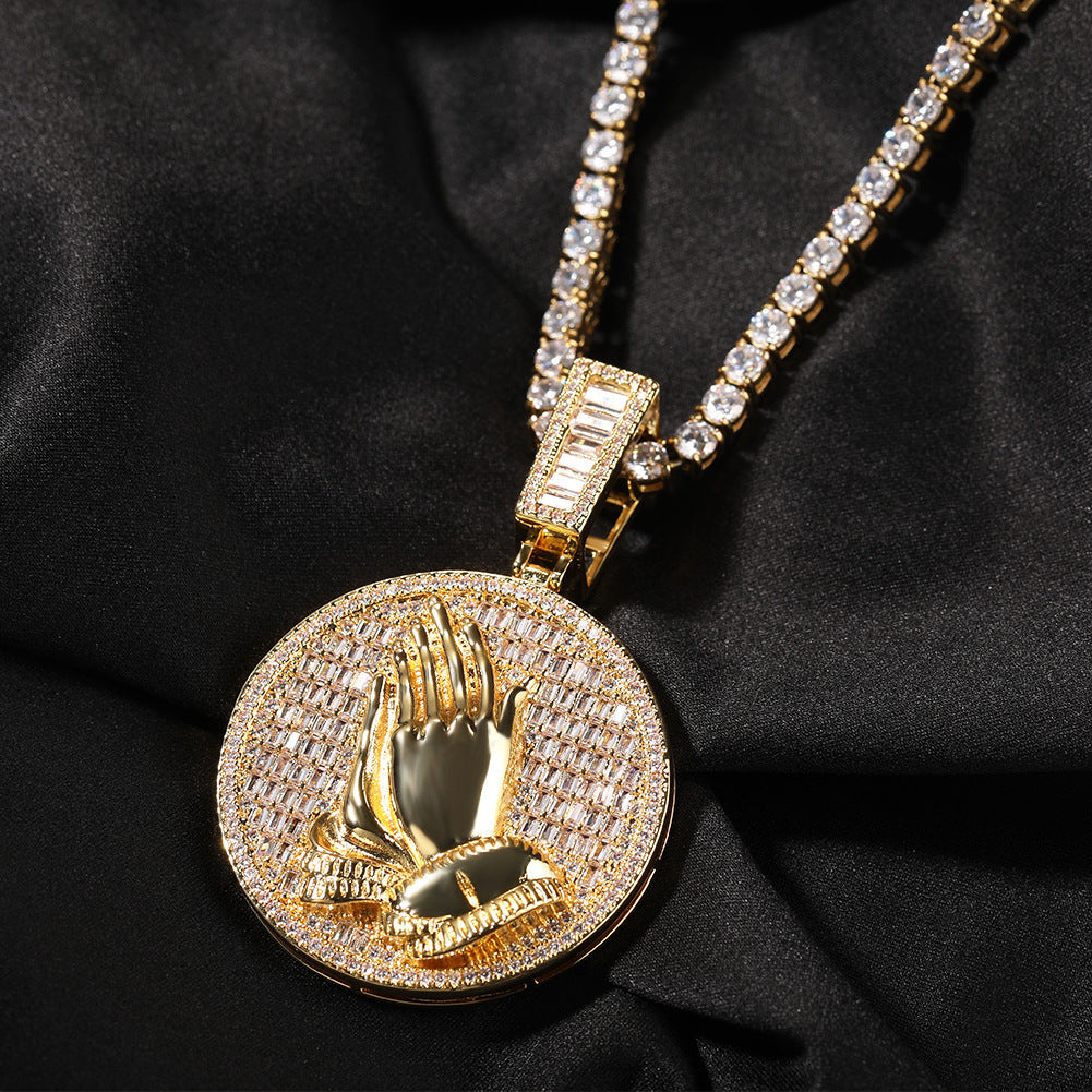 Hip-hop round disc zircon-encrusted praying hands pendant