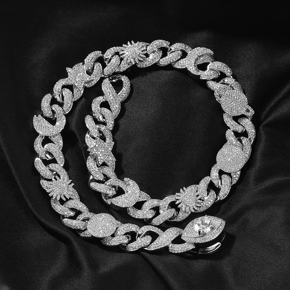 Hip-hop zircon-encrusted sun, star and eye necklace
