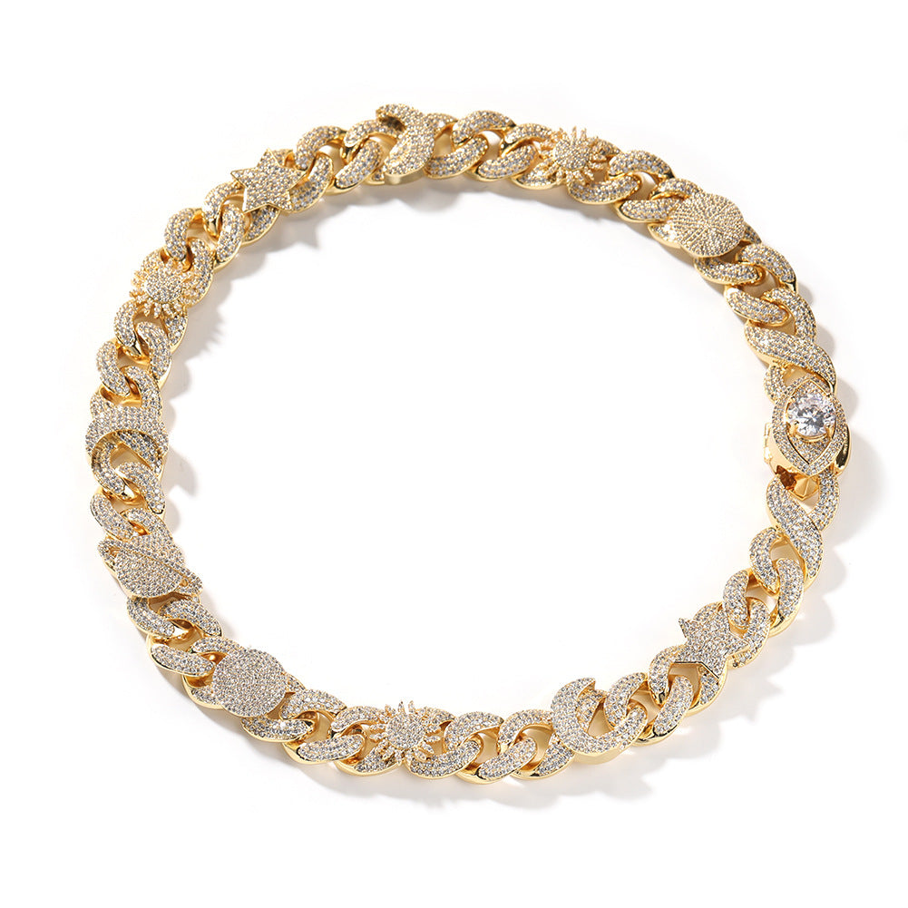 Hip-hop zircon-encrusted sun, star and eye necklace