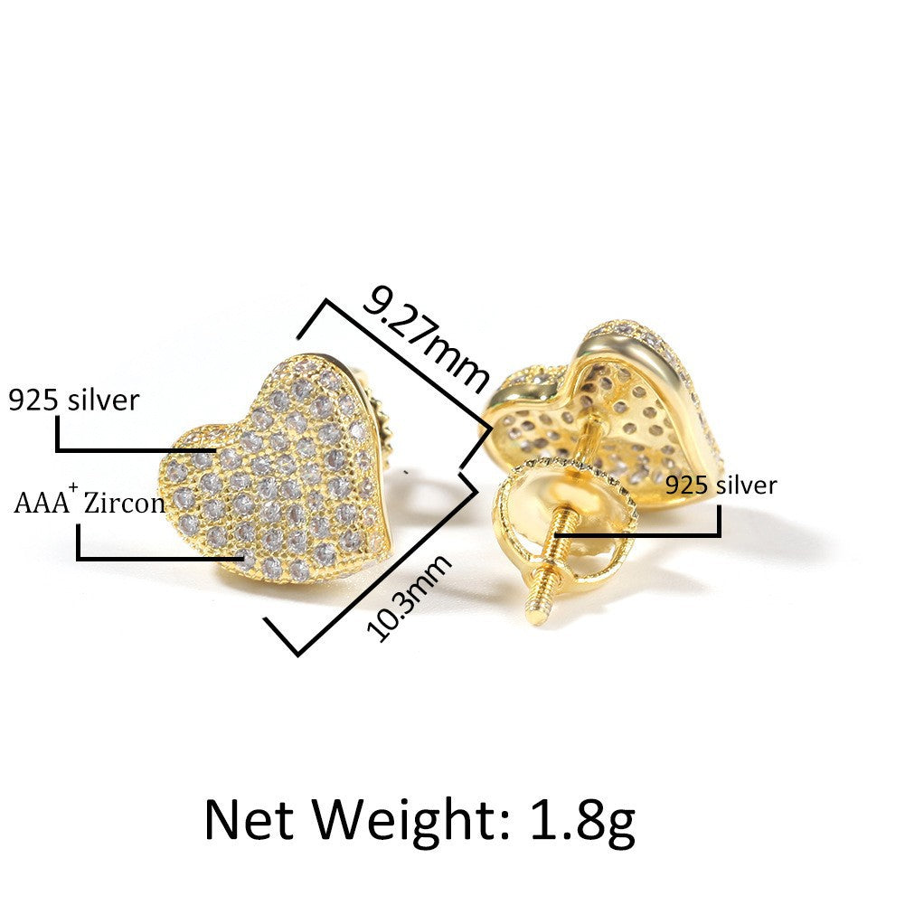 Hip Hop diamond-encrusted 925 silver stud earrings