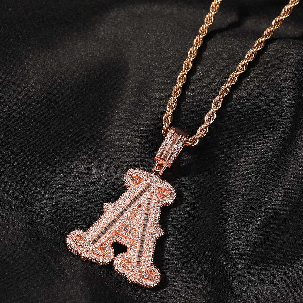 Hip-hop fully diamond-encrusted spiky rock sugar letter necklace