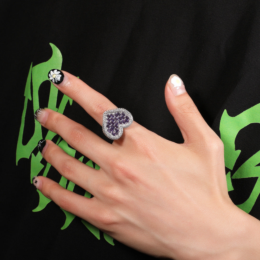 Hip-hop T-square heart-shaped zircon ring