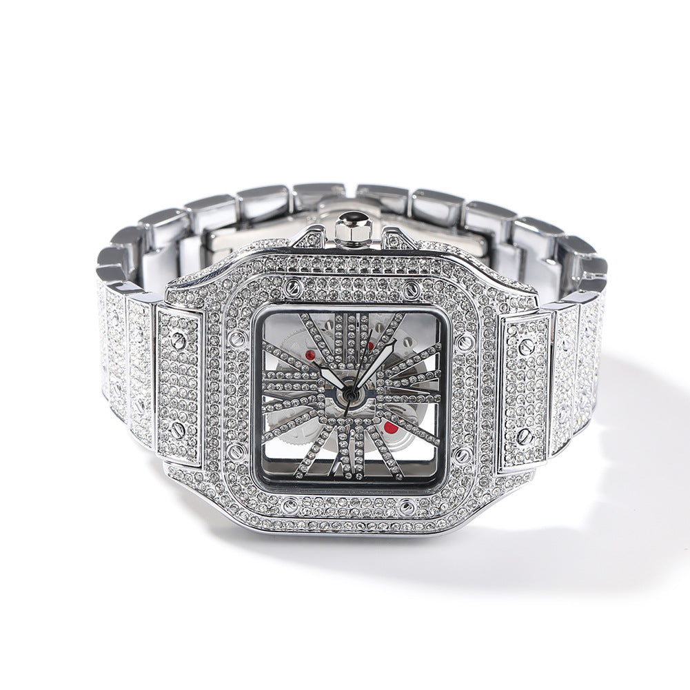 Hip-hop diamond-encrusted hollowed-out square watch