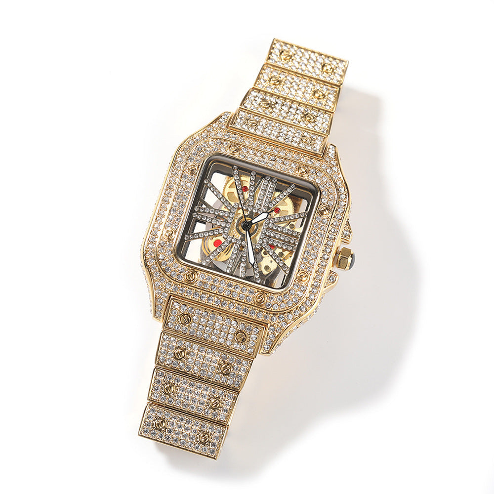 Hip-hop diamond-encrusted hollowed-out square watch