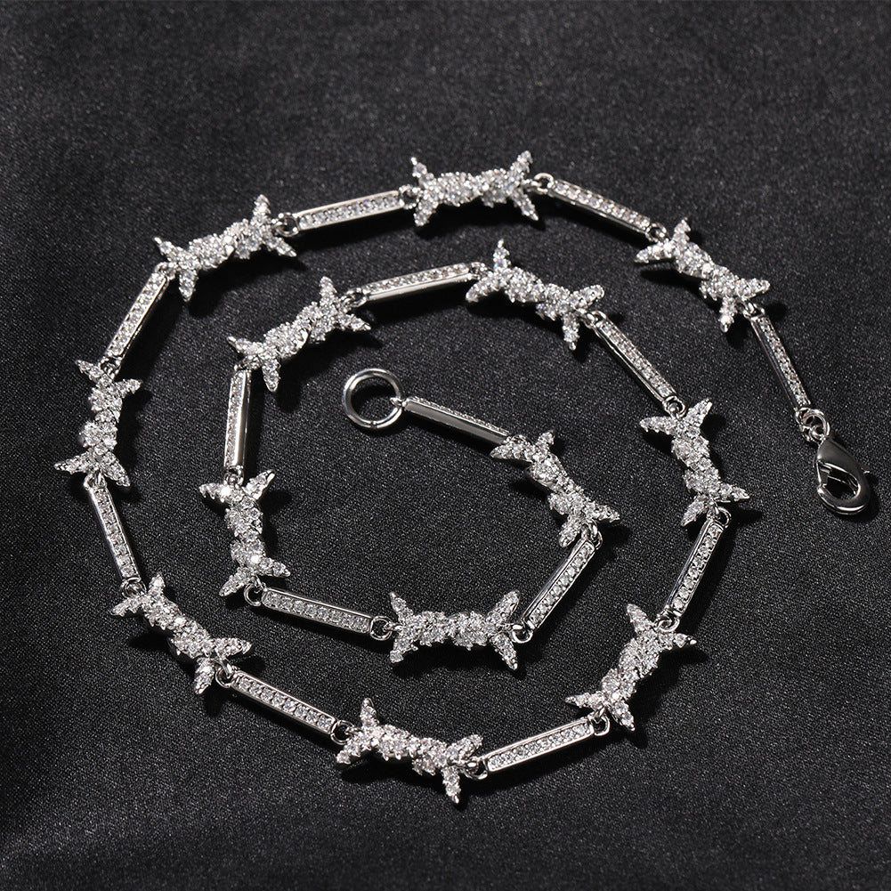 Hiphop zircon-encrusted barbed wire necklace