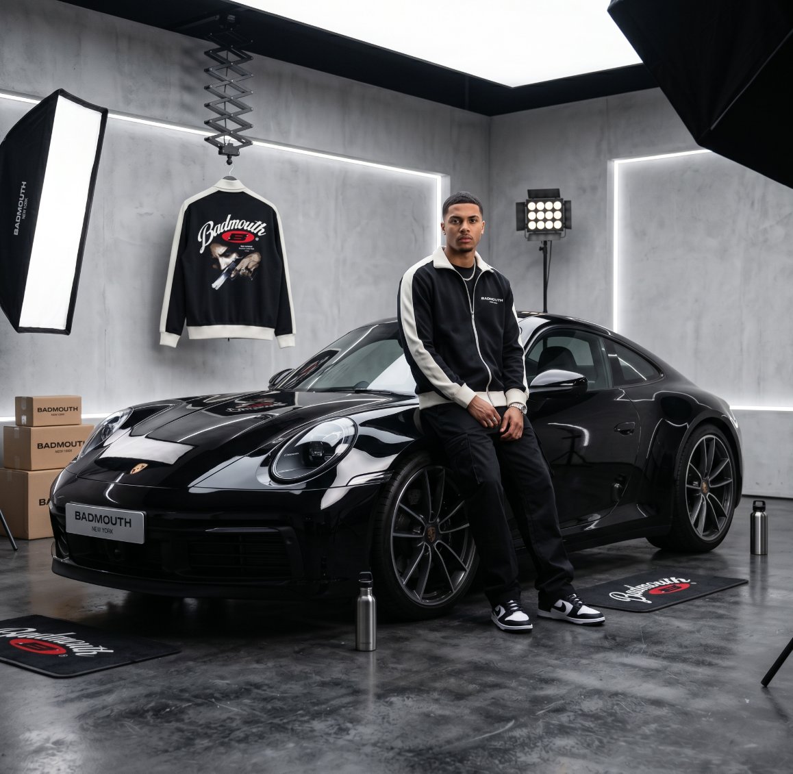 Man sitting on a black sports car in a studio setting with photography equipment.