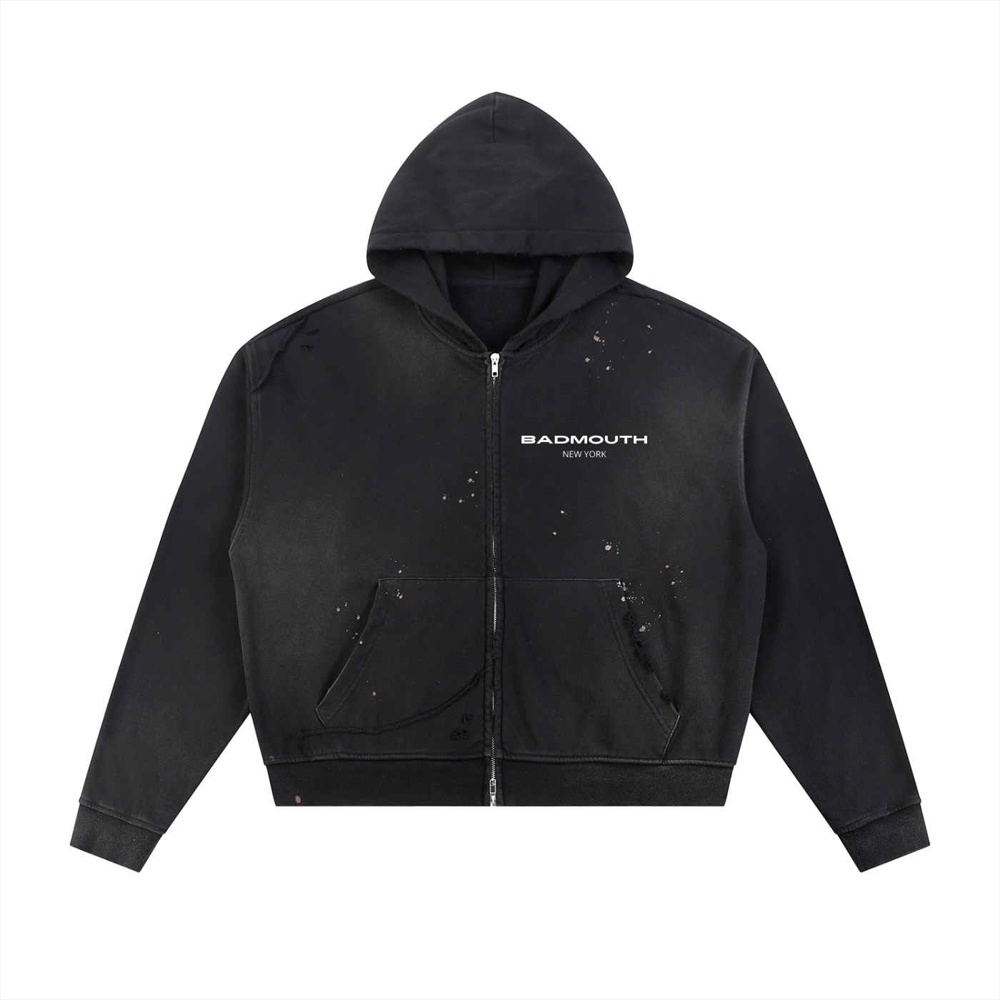 Black hoodie with badmouth branding on a white background