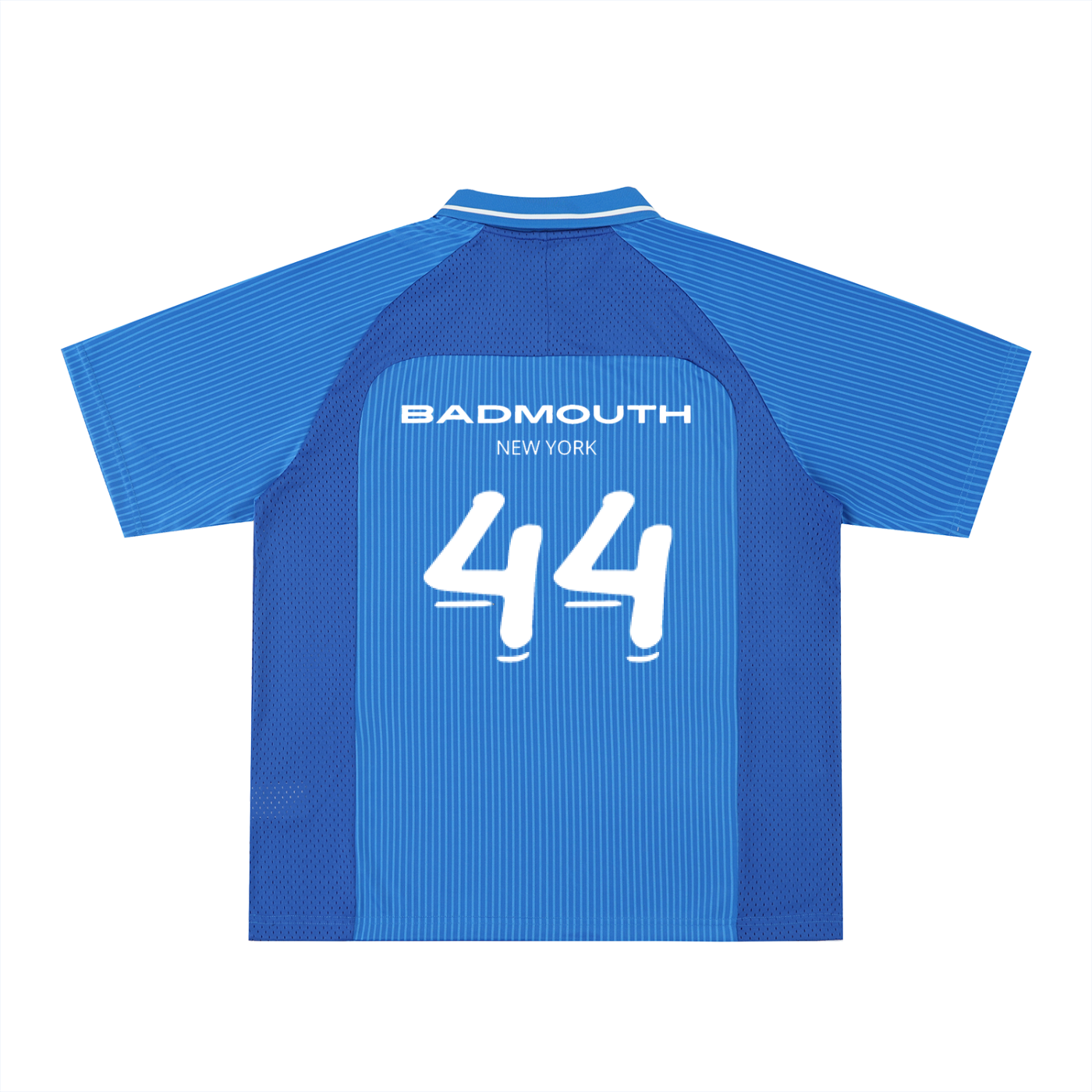Blue sports jersey with 'Badmouth New York' and number '44' on a white background