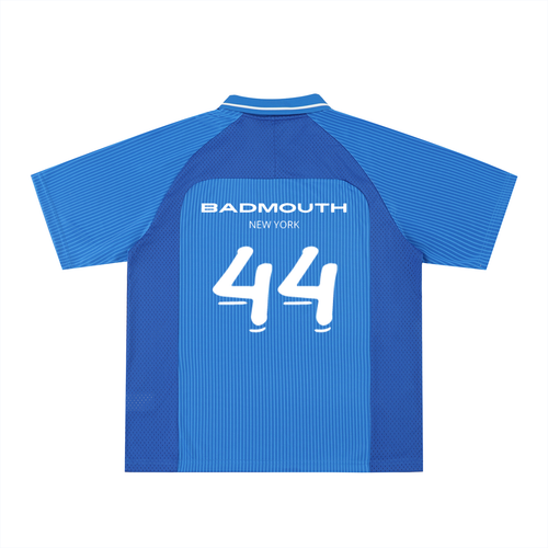 Blue sports jersey with 'Badmouth New York' and number '44' on a white background